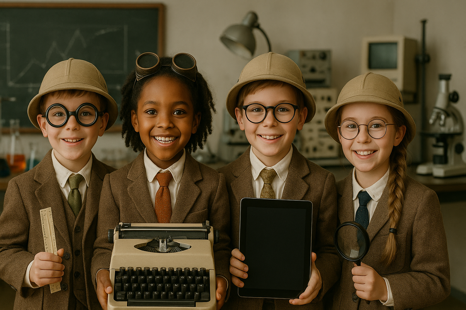 Vier Kinder stehen als Forscher angezogen in einem Labor und präsentieren eine Schreibmaschine und ein Tablet, also ein Sinnbild für den Veränderungsprozess von Analog zu Digital.