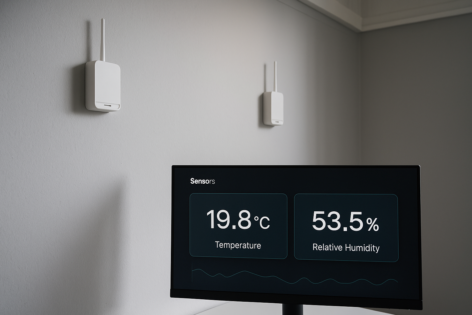 Ein Raum mit zwie Sensoren und einem Monitor, der Temperatur und Luftfeuchtigkeit anzeigt...