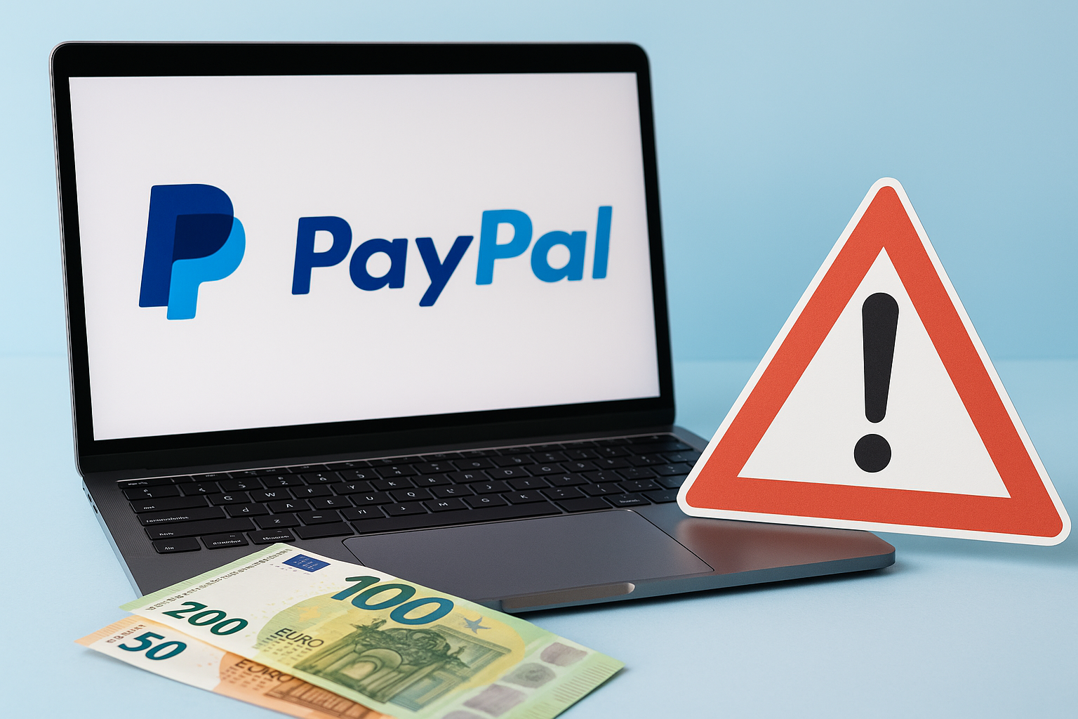Ein Symbolbild, Man sieht einen Rechner, das Paypal Loho und ein Achtungzeichen.