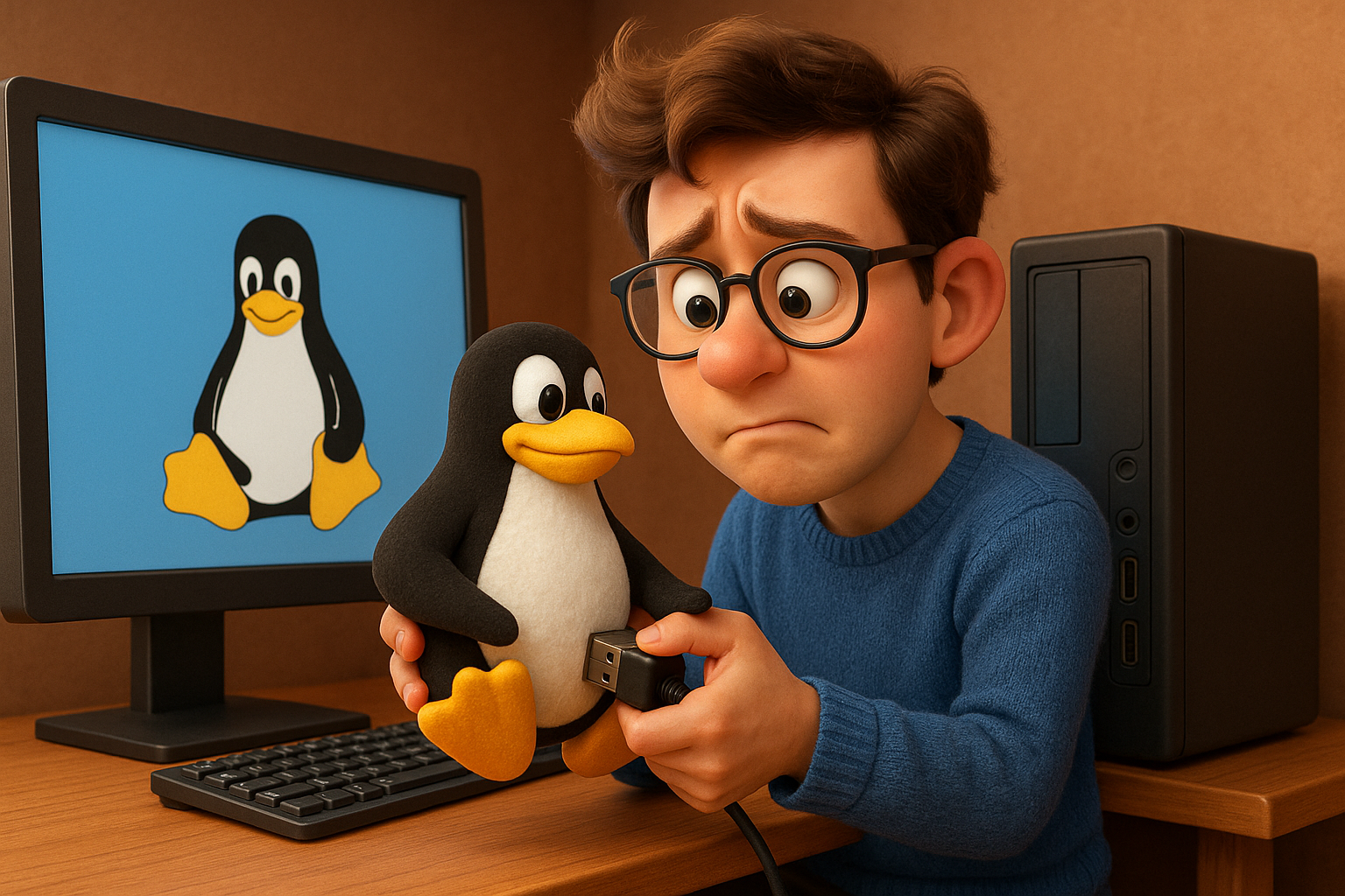 Ein Mann versucht ein USB Kabel an einem Pinguin anzuschließen...