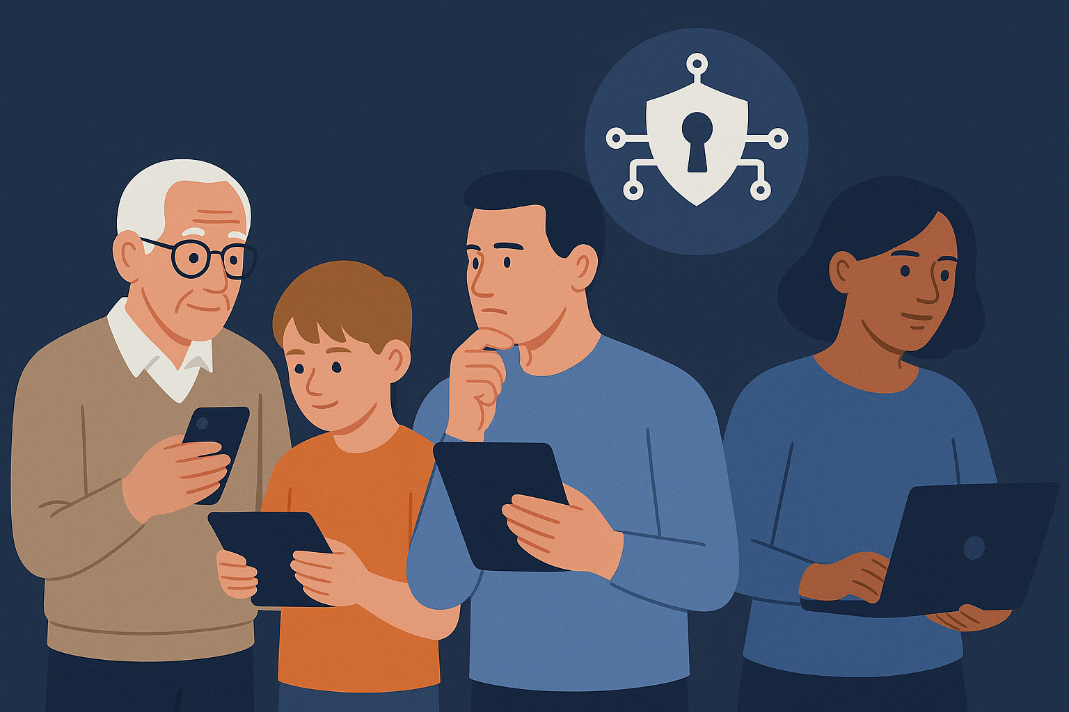 Man sieht eine Gruppe Menschen mit Tablets in der Hand... über Ihnen schwebt ein Symbol für Datenschutz.