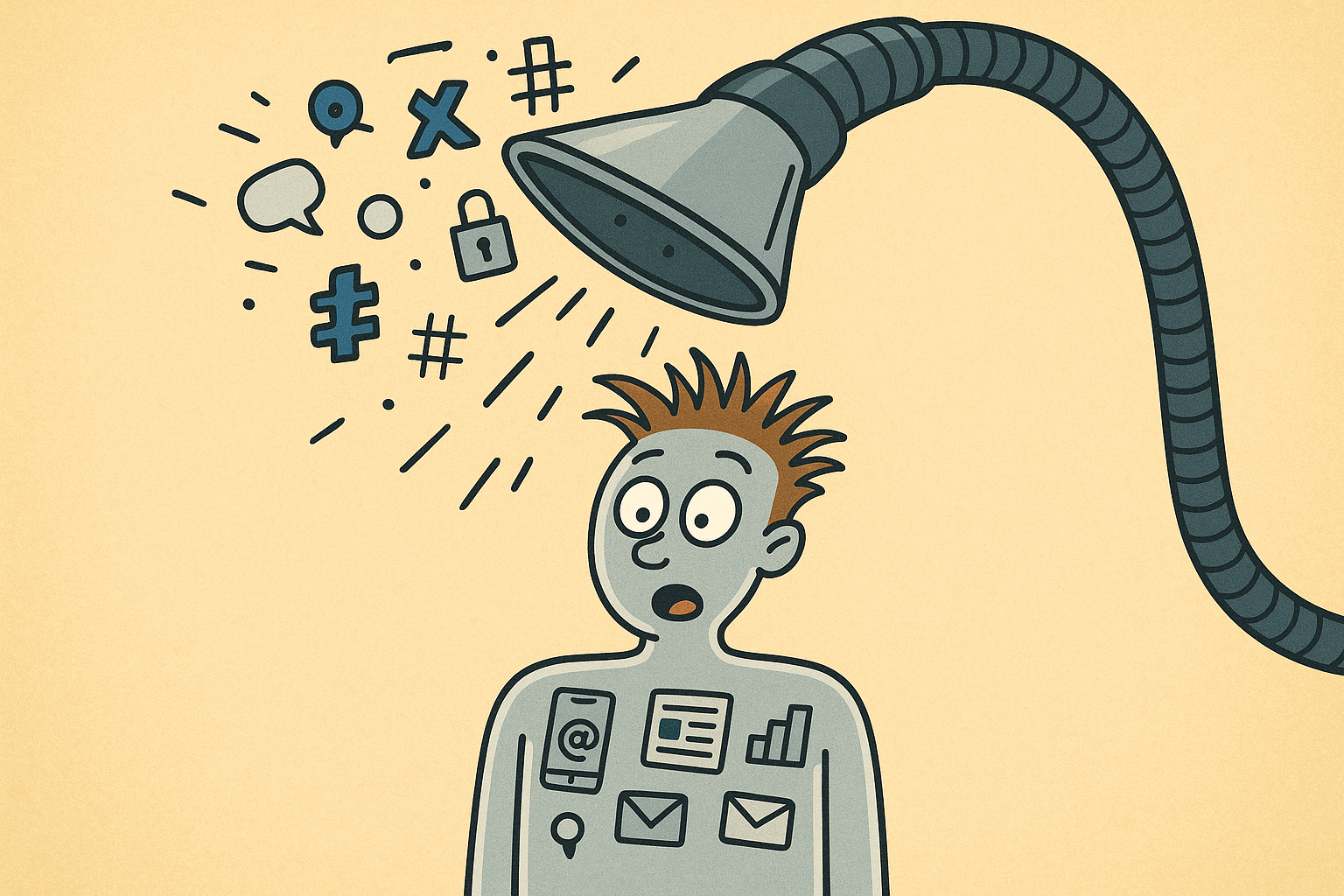 Ein Staubsauger schwebt über einem Menschen und saugt seine Daten ab.