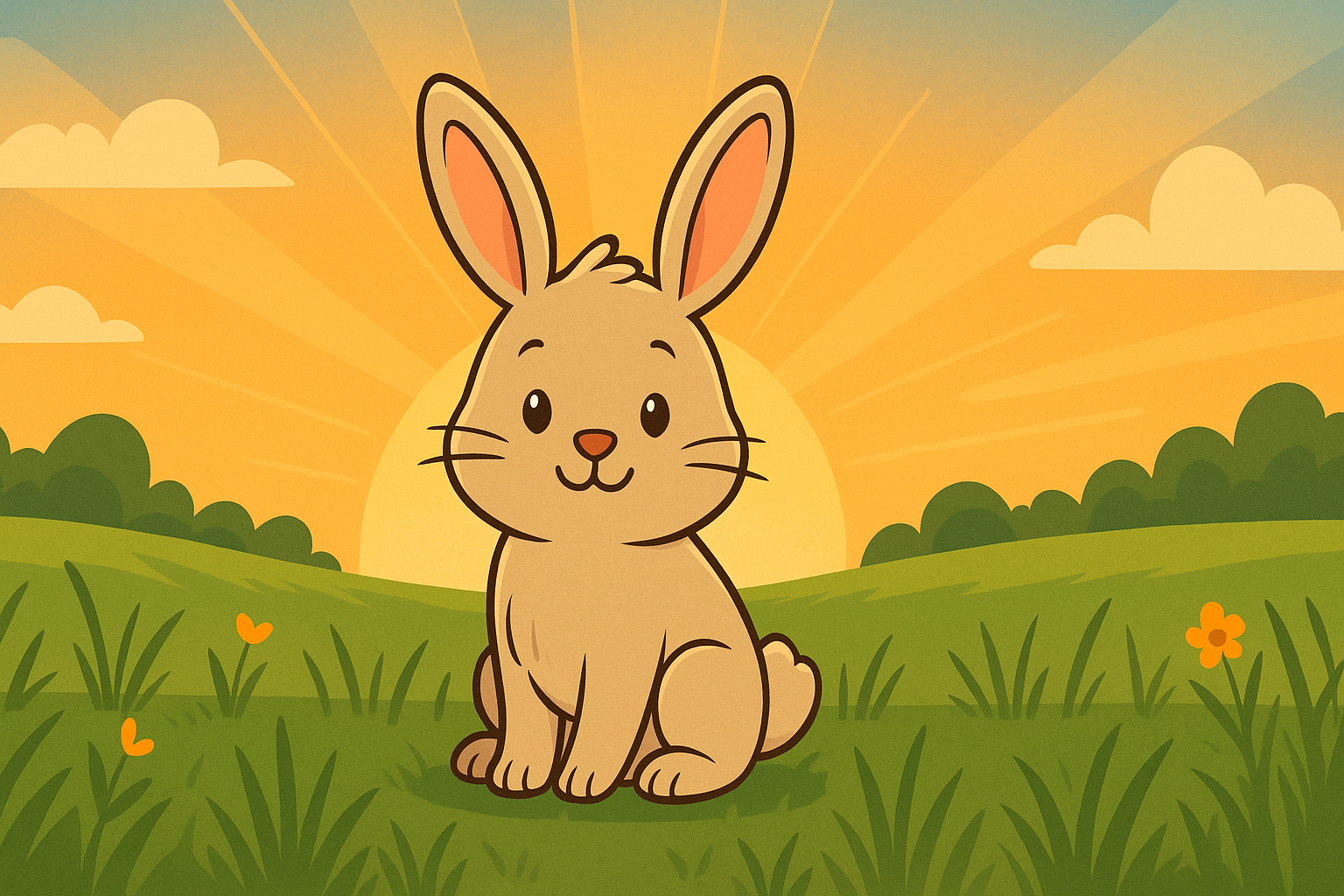 Ein Comicbild von einer Wiese im Sonnenaufgang. Im Vordergrund sitzt ein niedliches Häschen und schaut den Betrachter an...