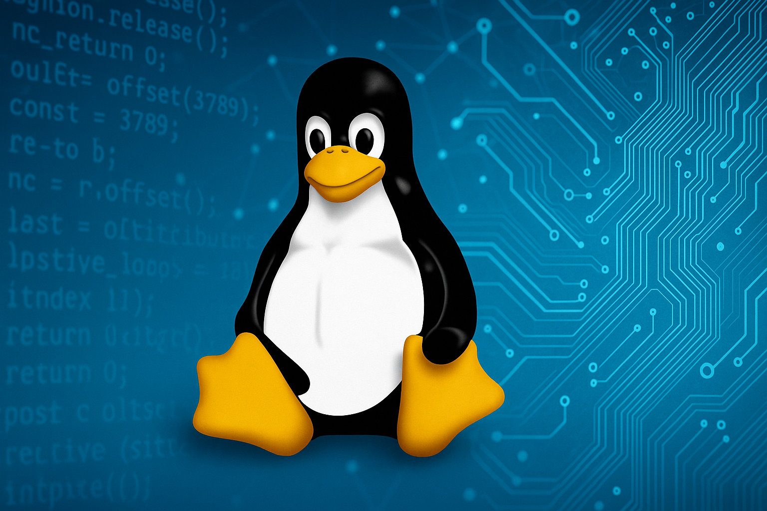 Ein technisches Bild mit Platine und Computercode , davor ein Pinguin (das Linuxmaskottchen Tux).